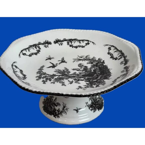AUV2 Black & White French country Toile Centerpiece Pedestal Fruit Bowl - Picture 2 of 13